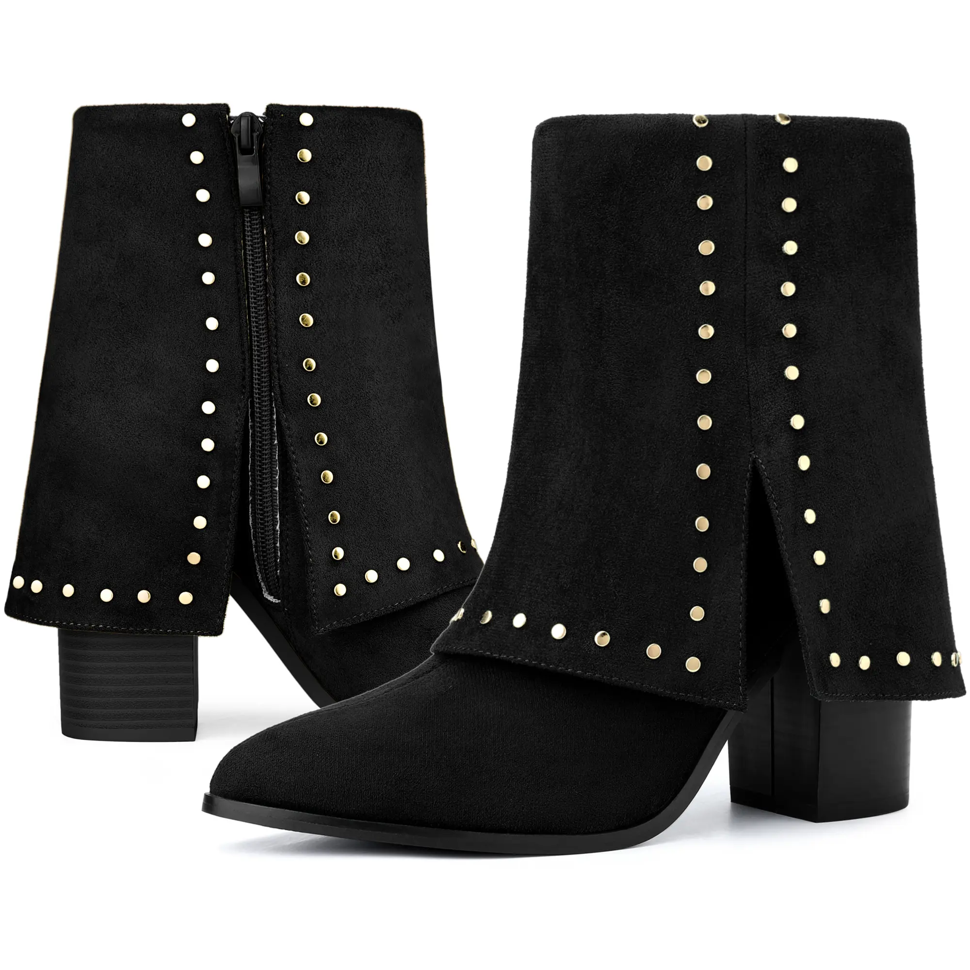 BLISSFUL STEP Women's Fold Over Boots Pointy Toe Block Heel Studded Ankle Boots