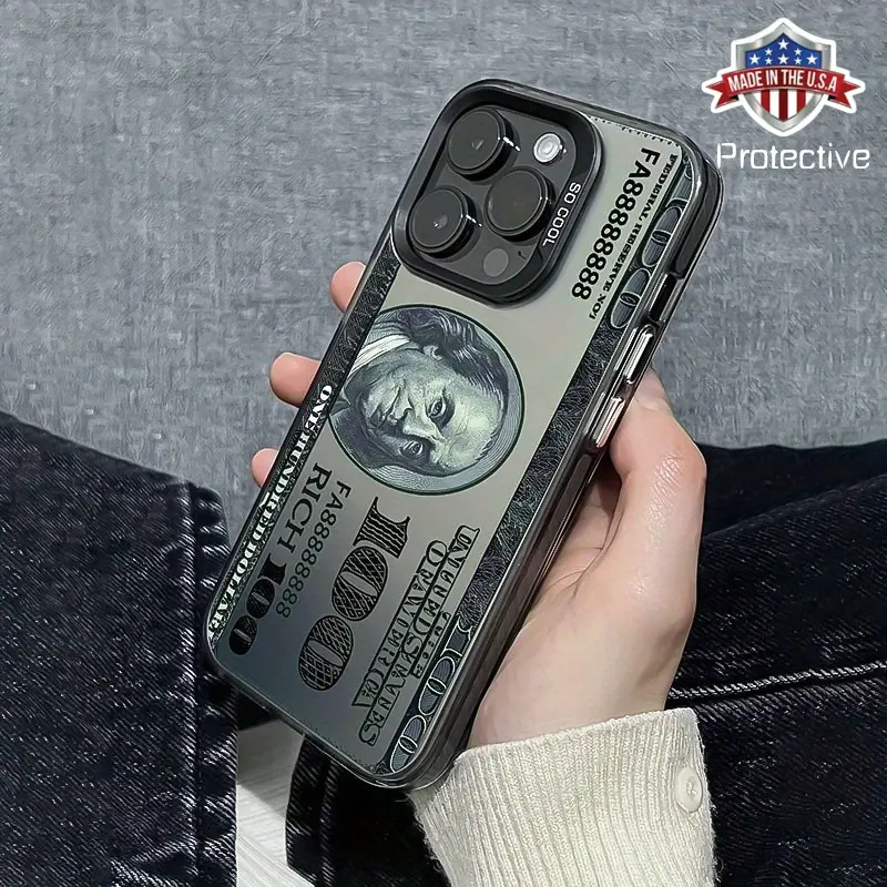 1 new 100 dollar bill pattern mobile phone case, suitable for iPhone 17 16 15 14 13 12 11Pro Max mobile phone protective case, 8 7 Plus, creative boy black mobile phone case birthday Christmas gift Halloween gift boyfriend gift to father family friends