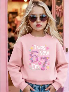 "six-seven" Girls' Casual Round Neck Long Sleeve Sweatshirt, Elastic Fabric, Number 6 and 7 Print, Fitted Sportswear for Outdoor & Indoor Activities