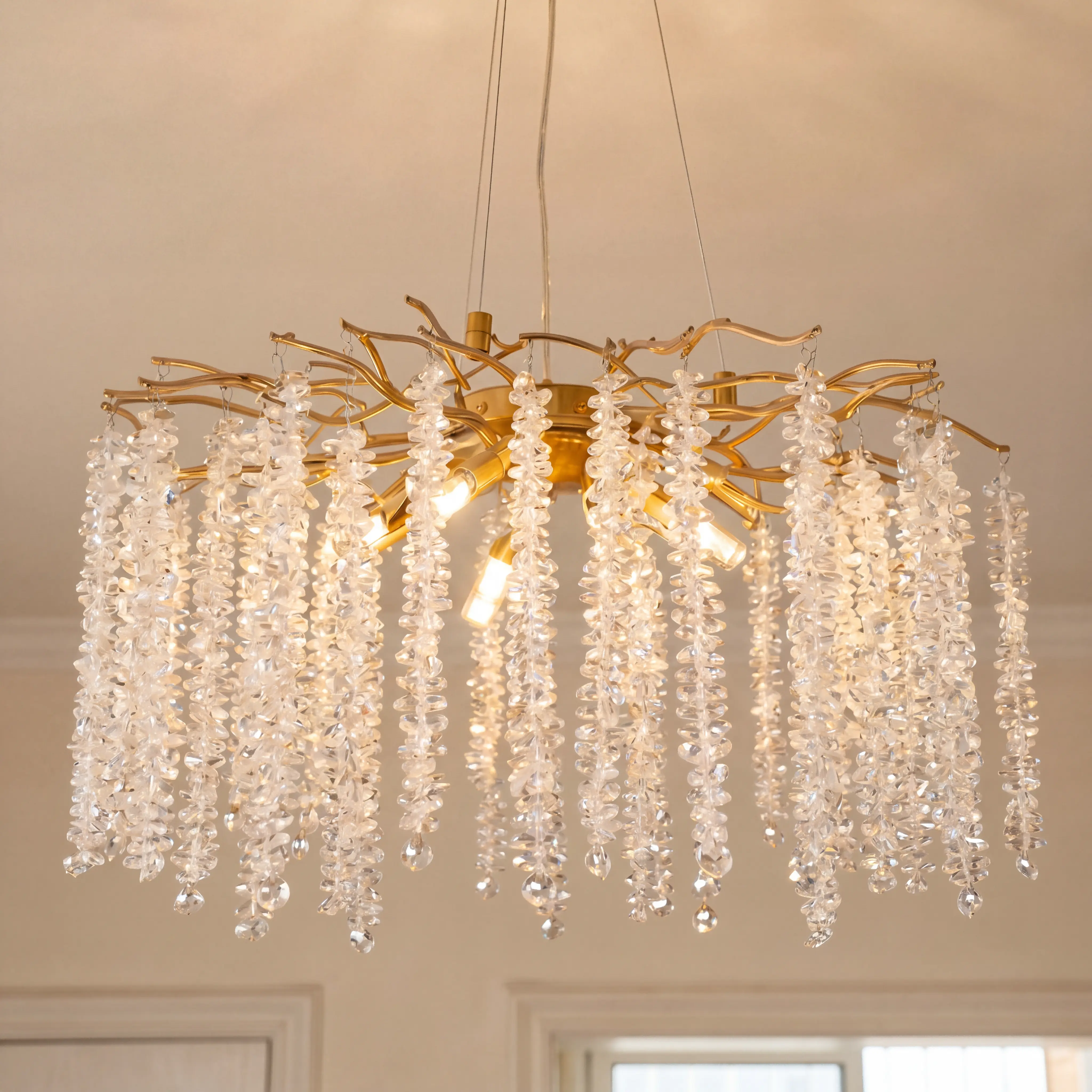 Modern Gold Crystal Chandelier, 23.6 Inch Round Raindrop Tree‑Branch Pendant Light, Dimmable Hanging Ceiling Fixture, Luxury Glam Home Decor For Kitchen Island, Dining Room, Living Room, Bedroom, Hallway, Bulbs Not Included