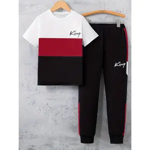Children's Boys 2-Piece Letter-Print Contrasting Crew-Neck Short-Sleeved T-Shirt And Pants Set Boys' Casual And Comfortable Letter-Print Short-Sleeved T-Shirt And Pants 2-Piece Set Snug Fit Cotton Pajama