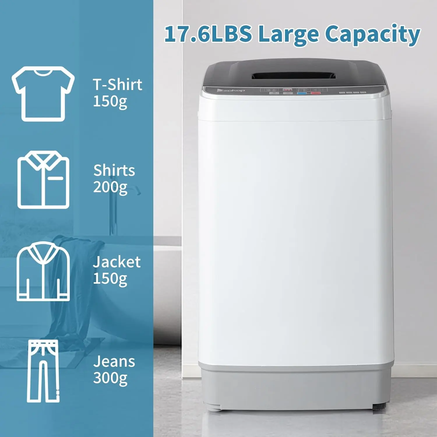 ZOKOP Full Automatic Washing Machine - 17.6Lbs Top Load Portable Mini Washer with Drain Pump, 10 Wash Programs, 8 Water Levels, 2-in-1 Washer Dryer for Apartments, RV Camping, Portable Washing Machine