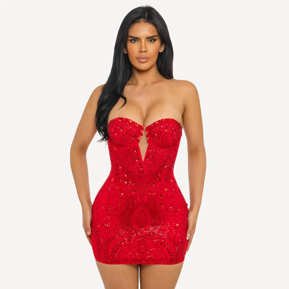 Starlight Rhinestone Strapless Bodycon Mini Dress – Red & Black | Luxury  Sparkle Party Dress