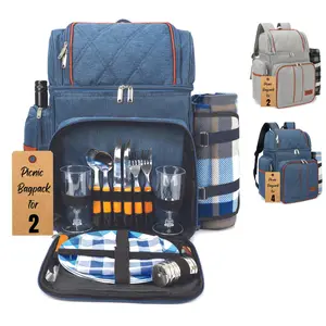 Rnoony Picnic Backpack for Camping, Picnic Basket for 2 with Insulated Cooler Bag and Bottle Pouch, Picnic Bag with Lightweight Blanket and Cutlery Set for Family, Couple and Hiking