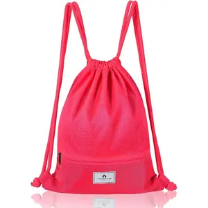 Drawstring Backpack, Folding Sports Gym Sackpack with Zipper Pockets, String Cinch Bag for Gym Shopping Sport Yoga Beach Travel Camping Workout Gear (Pink)