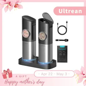 Electric Salt and Pepper Grinder Set Rechargeable Stainless Steel with USB C Dual Charging Base Large Capacity Adjustable Coarseness LED Light Perfect Kitchen Gift for Mom