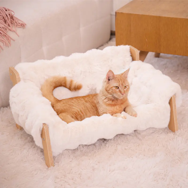 Elevated Pet Couch Bed, Wooden Sofa for Cat and Small Dog , Removable Washable Fluffy Cover Raised, Kitty Lounge Chair Suitable for Puppy for Indoor