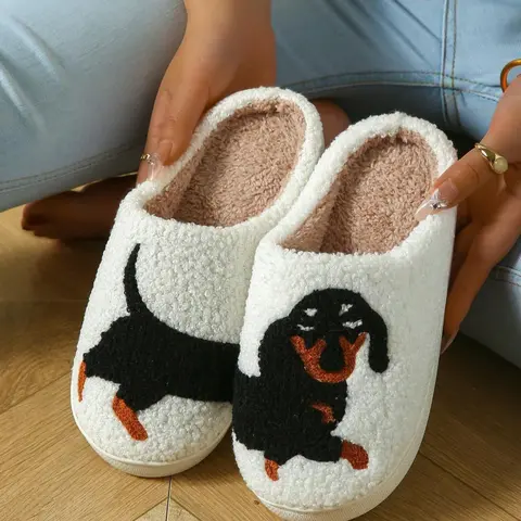 Women's Plush Embroidered Indoor Slippers, Fall Winter Warm Shoes, Non-Slip Rubber Sole, Unisex Casual Fashion Footwear, Home Slippers