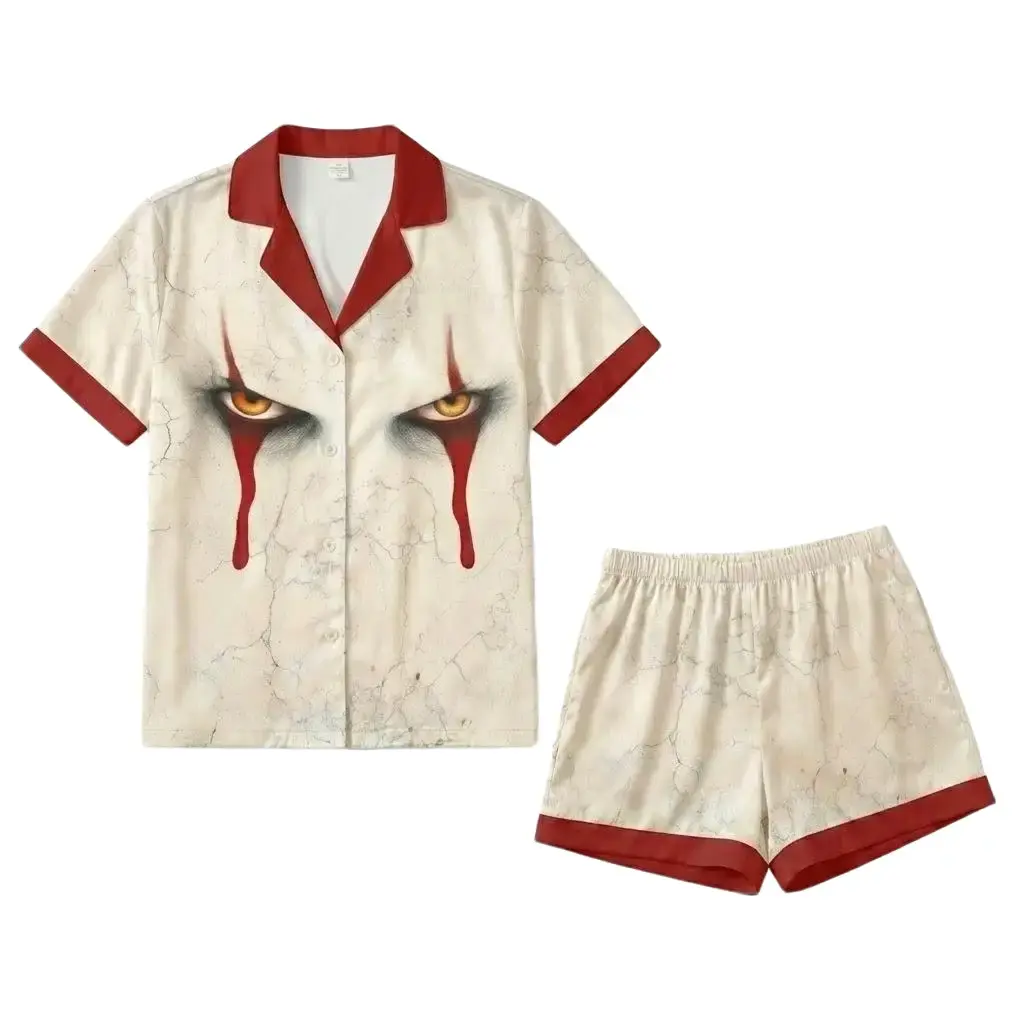 Pennywise Satin Short Sleeve Pajama Set, IT Clown Scary Eyes Halloween Sleepwear, Spooky Gift for Horror Lovers