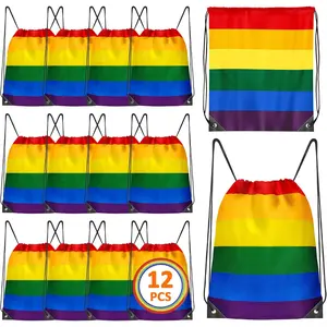 12 Pack Large Capacity Rainbow Bag, Polyester Rainbow Stripes Drawstring Backpack, Waterproof Gym Sport Bag Sackpack for Lesbian Gay LGBTQ Pride Month Parade Yoga Swim Travel Beach