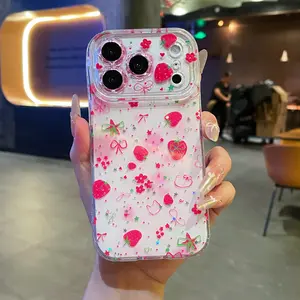 Apple iPhone Series New Phone Case, Lightweight Bow Strawberry Design, Full Coverage Floral Mirror Frame Anti-Drop Protector