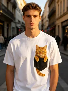 2026 New Arrival Cat Lover Shirt |   Cute Ginger Cat Pocket Graphic Tee Casual Fabric Menswear Top Breathable Orange Relaxed Fit Relaxed Fit TshirtSummer Crew Neck T-ShirtComfortable Loose