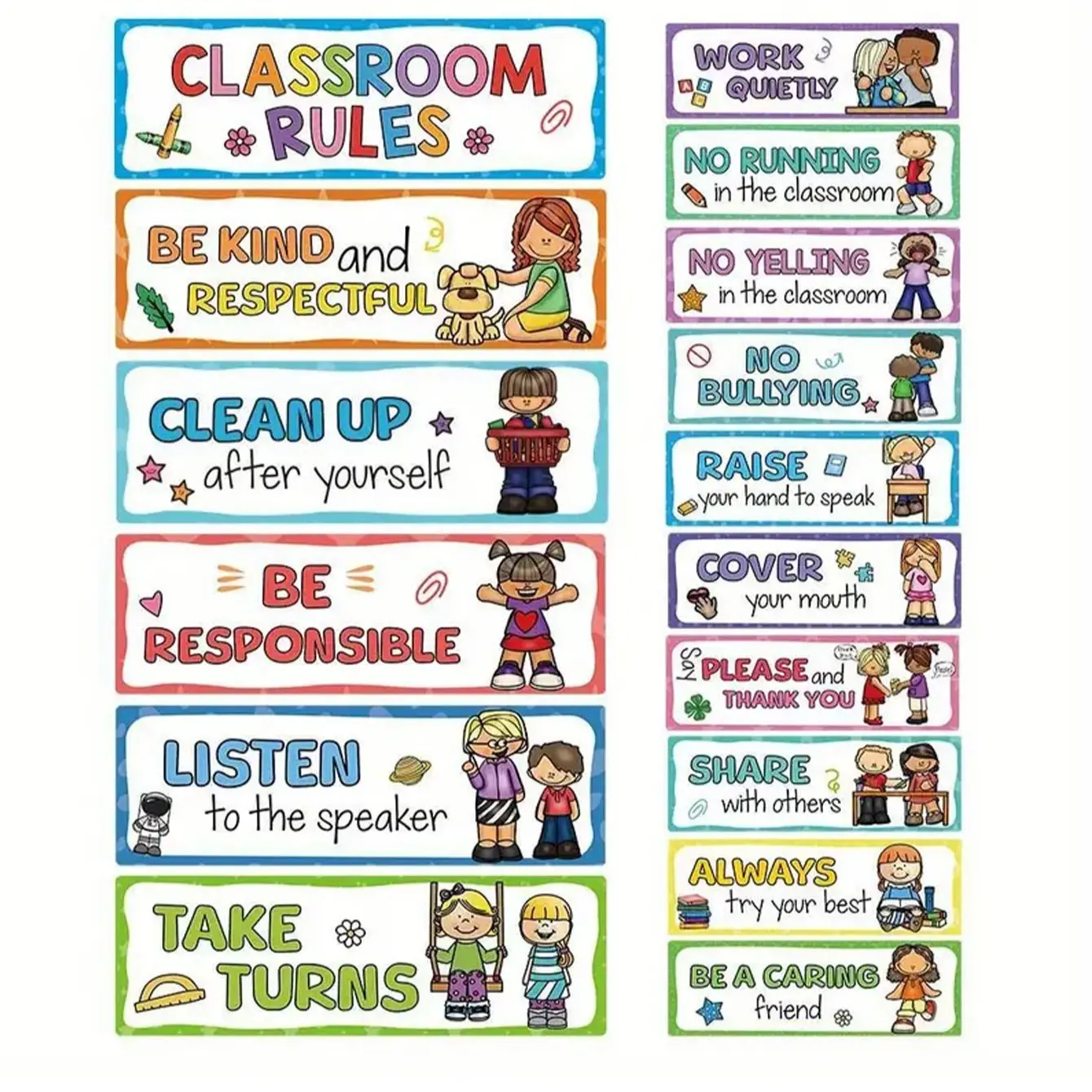 Classroom Rules Poster Set of 16, Durable and Vivid Educational Wall Art for Kids Rooms, Elementary School, Creative Play Space Decoration, Preschool Learning Materials, Classroom Supplies, Teaching Supplies