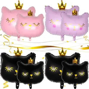 8-Piece Crown Cat Foil Balloon Kit for Cute Kitty Cat-Themed Birthday Party Decorations