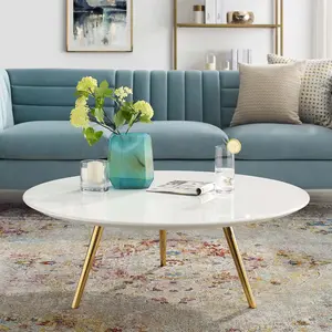 Modway Lippa 40" Round Wood Top Coffee Table with Tripod Base in Gold White