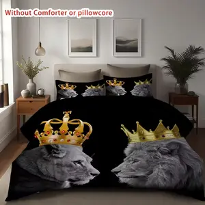 3-piece lion and crown printed bedding set, including 1 duvet cover, 2 pillowcases, unfilled down duvet cover and pillowcases, preferred bedding for family bedrooms and hotels