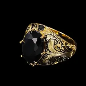 Vintage Men's Ring with Black Oval Artificial Gemstones, Copper Craft, Retro Gold Finish, Casual Daily Wear Ring, Perfect Gift for Men and Women
