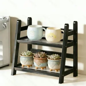 Double-Layer Standing Cup Holder, Mug Coffee Organizer, Desk Storage Rack, Office Tea Set Storage, Vintage Long Glass Shelf