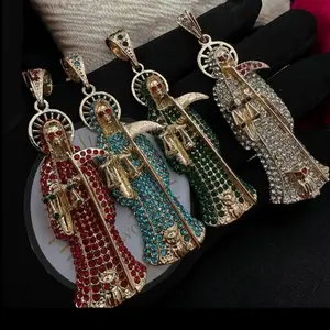 Santa Cruz XL Santa Muerte Pendant with Red Eyes, Micro Paved Stones, Yellow Gold Finish, Elegant Design in Red, Blue, and Green Stunning Jewelry Menacing Figure With Striking Red Eyes