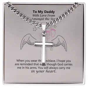 Cross Cuban Link Chain, Daddy Of An Angel Necklace, Sympathy Gift For Dad With Message Card & Gift Box, Remembrance Jewelry For Father, Angel Baby Loss Gift, In Loving Memory Cross Cuban Chain For Daddy