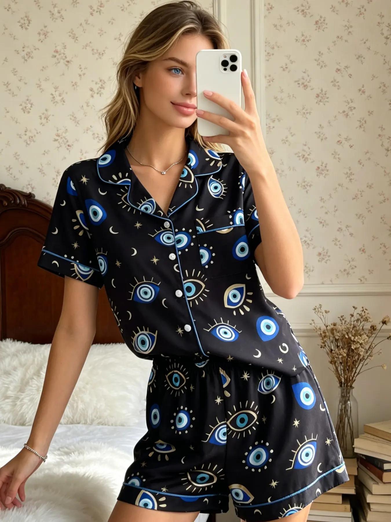 Women's Pajamas Set Boho Chic Aesthetic Mystical Spiritual Evil Eye Lover Blue Gold Evil Eye Print Button Down Short Sleeve Silky Soft Relaxed Fit 2 Piece Chic Nightwear Loungewear Set for Women