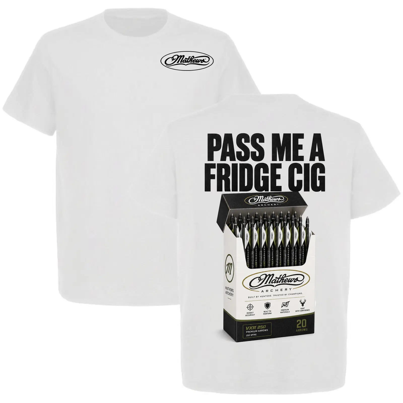 Mathews Archery Arrows Cigarette Pack Parody T-Shirt, Funny PASS ME A FRIDGE CIG Shirt, Bowhunting Meme Graphic Tee