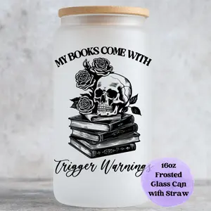 My Books Come With Trigger Warnings Glass Cup With lid and Straw, Bookish Dark Romance 16oz Frosted Glass Tumbler with Bamboo Lid, Floral Skeleton Smut Booktok Book Lover Gift