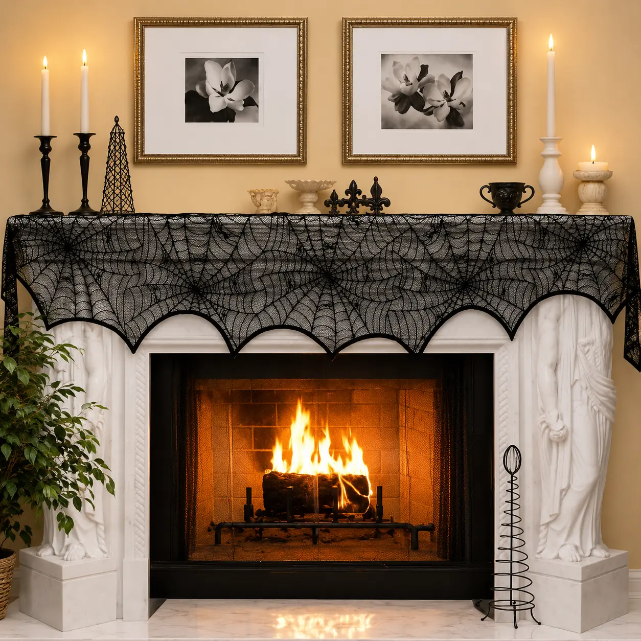 Halloween Black Lace Spider Web Mantel Scarf, 18 x 96 Inch Fireplace Mantel Cover for Halloween Party & Gothic Home Decor