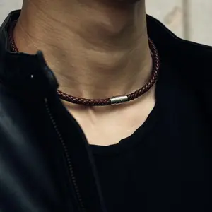 Punk Men's Leather Braided Rope Chain Necklace Men Women Stainless Steel Magnetic Clasp Choker Chain Collar Male Jewelry Gift