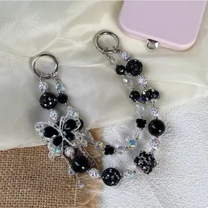 Butterfly Tassel Light Luxury Sparkling Phone Chain Keychain Bag Chain Phone Pendant High-End butterfly Style Phone Beads keychain  fancy beads bag Chain Handmade Smartphone Cell chain Flash beaded chain
