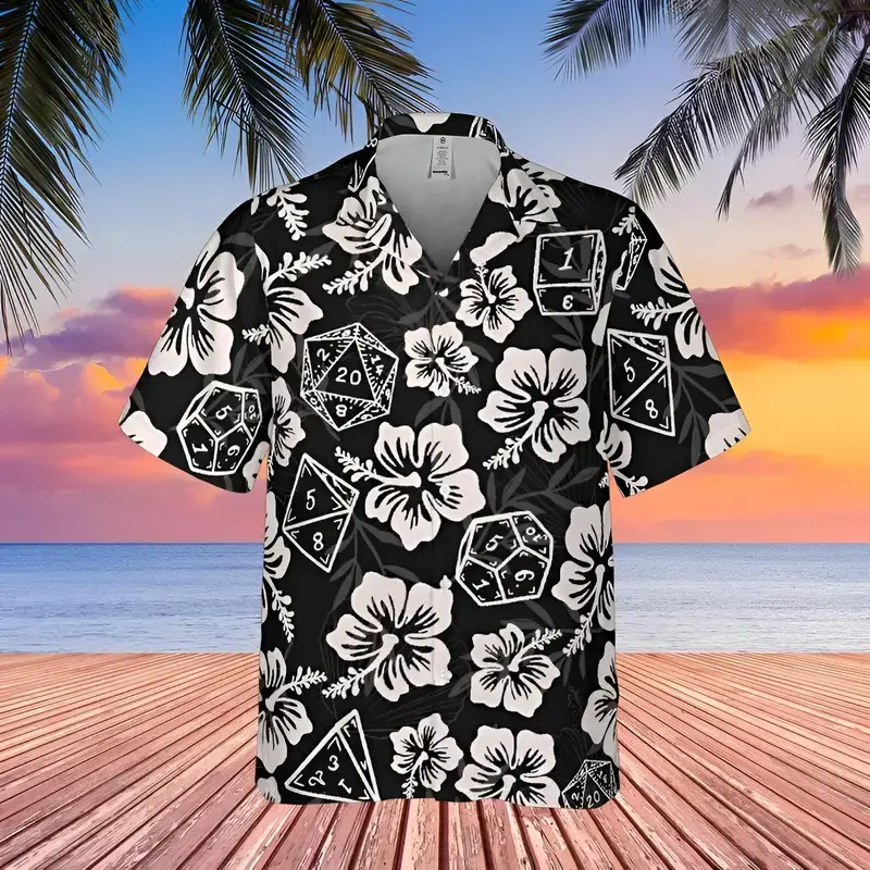 DND Hawaiian Shirt Men Women Black Dice Floral Print Summer Beach Button Up Casual Streetwear Loose Fit Cool Vacation Festival Party Gamer Gift Dungeons Dragons Comfortable D20