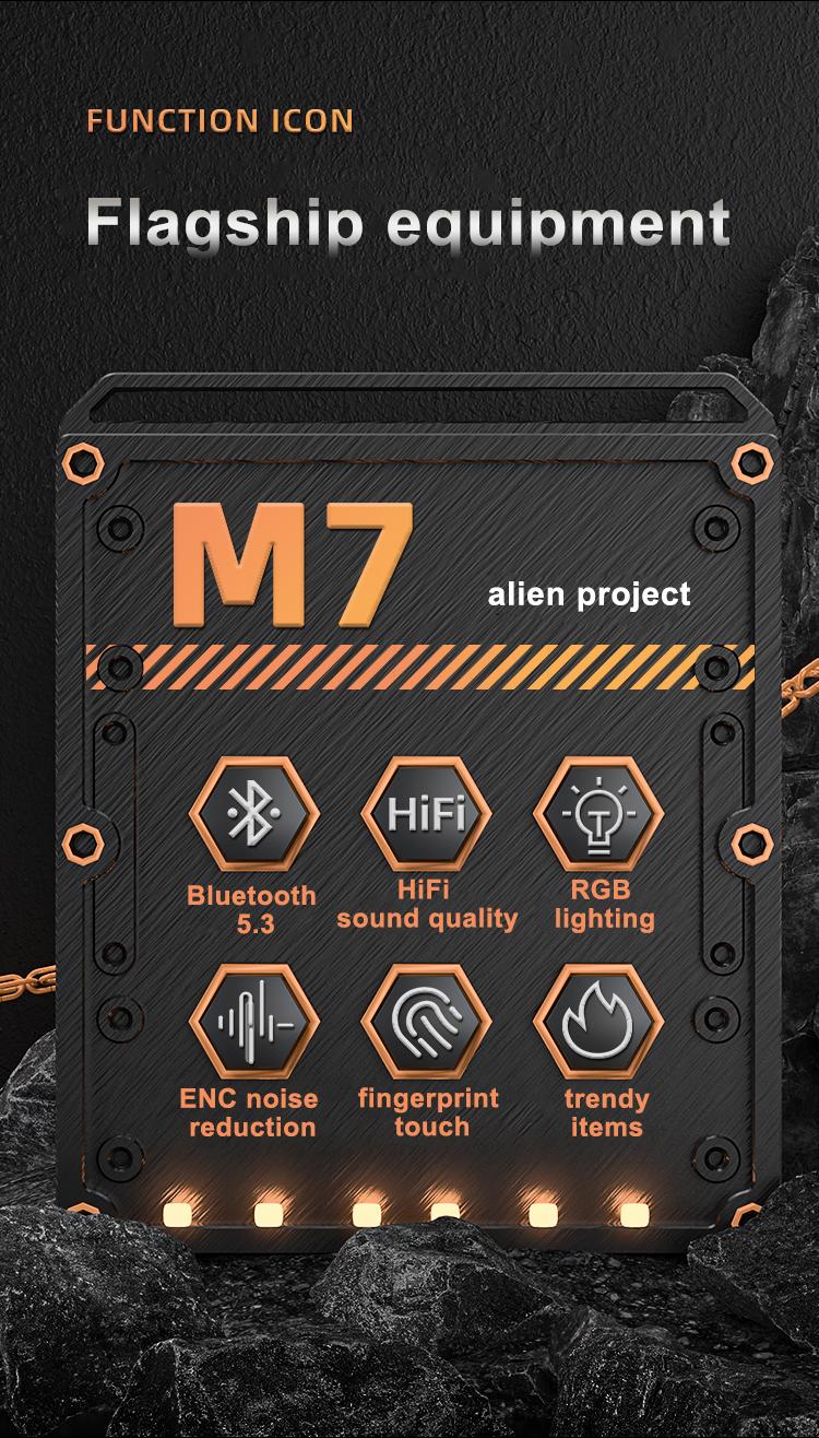 M7 Wireless Bluetooth 5.3 Earbuds with Alien Mech Design RGB Lighting Hi-Fi Lossless Sound Gaming Noise-Canceling Microphone Touch Controls