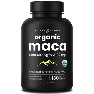 NutraChamps USDA Organic Maca Root Capsules for Women & Men, 2100mg, 180 Capsules, Black, Red & Yellow, Peruvian Maca Peruana, Extra Strength Pure Premium Gelatinized Root Powder Supplement