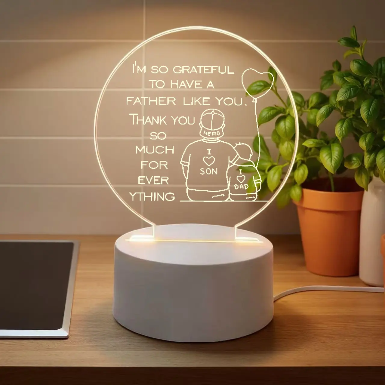 Round Acrylic Night Light Gifts for Dad, Engraved LED Lamp with Father & Son Silhouette, Fathers Day Birthday Christmas Thanksgiving Present for Father from Son, Bedroom Desktop Decor Light