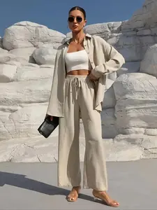 Women's Solid Button Front Shirt & Tie Front Wide Leg Pants Two-piece Set, Casual Drop Shoulder Long Sleeve Top & High Waist Trousers 2 Piece Set for Spring & Fall, Women's Clothes for Daily Wear, Linen Set � � gift � �