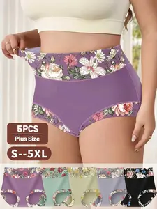 [Plus Size] Women’s Floral Print Mid-Rise Briefs, Comfy Stretch Underwear, Tummy Control & Butt Lifting, Soft Breathable Fabric, Everyday Casual Wear, All-season Casual Style, casual,elegant,panty, 5PCS S-5XL