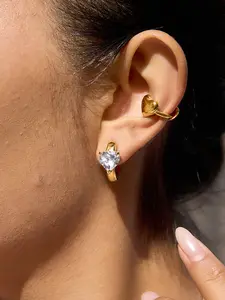 Fashion 18K gold-plated heart-shaped ear clip for women, zircon stainless steel earrings suitable for women, waterproof jewelry, anti allergic earrings, Artificial Zircon Earrings