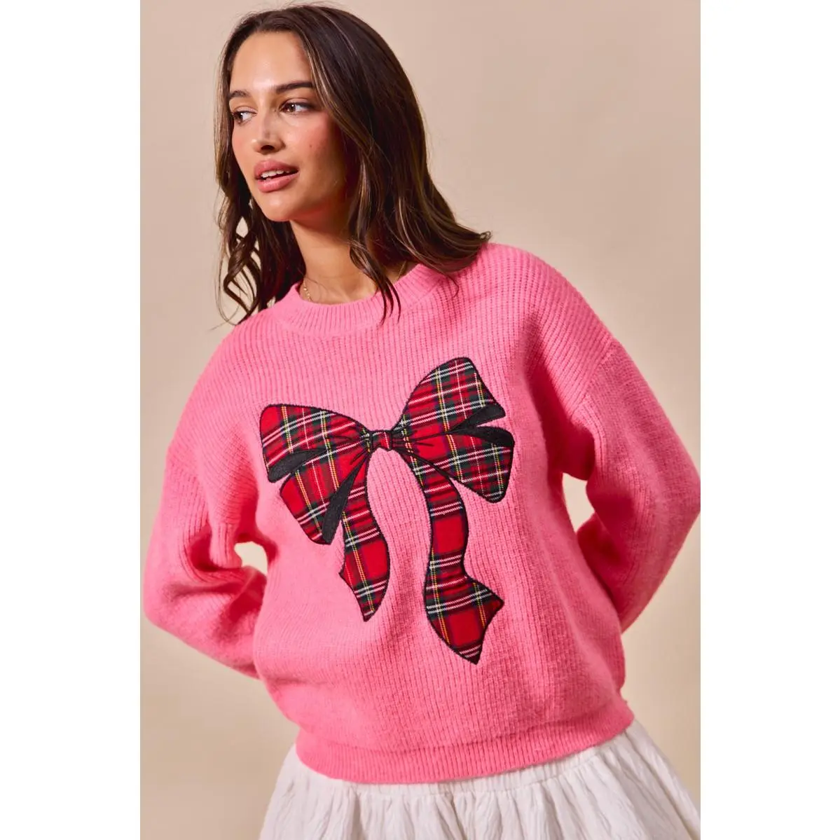 SO ME Checker Plaid Ribbon Christmas Holiday Sweater