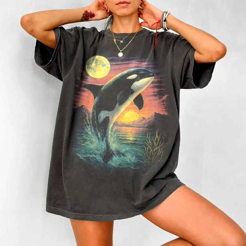 Comfort Colors Orca Midnight Vintage Graphic Shirt, Retro Ocean Orca Shirt, Moonlight Ocean Lightning Tee, 90s Marine Life Graphic Top Gift