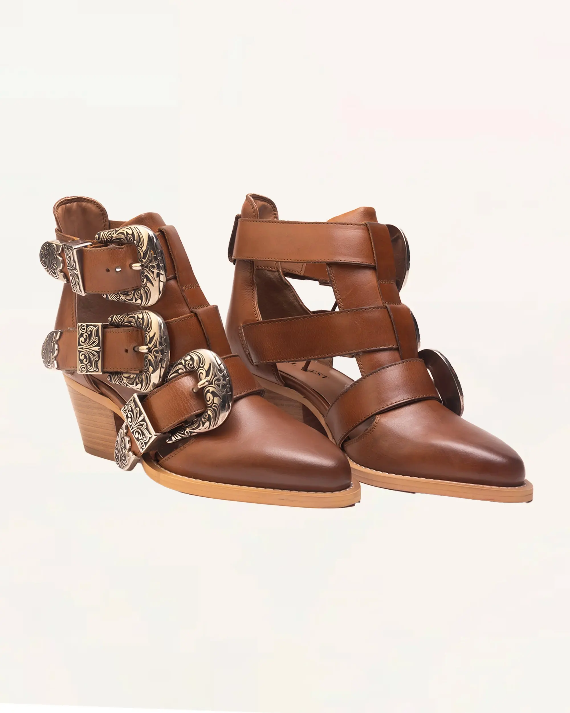 Women's Loyal West Rodeo Ankle Bootie - Calfskin Shoe, Footwear with Buckle, Bone & Saddle Colors