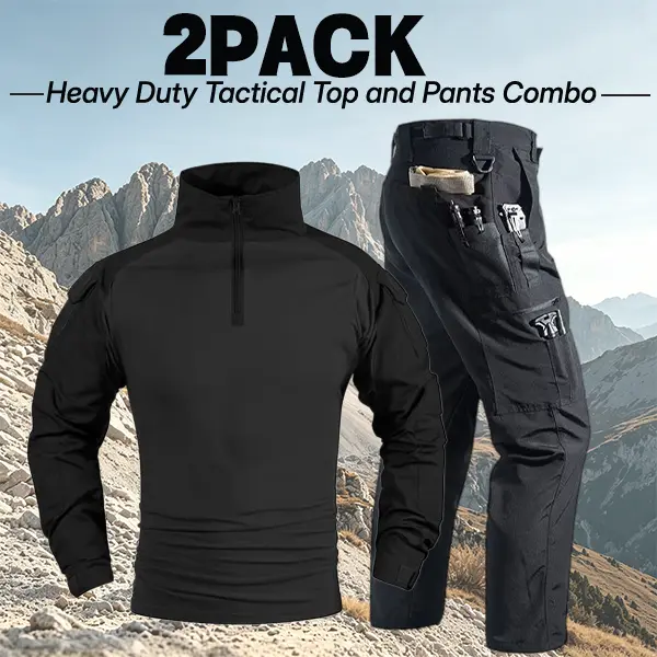 Men’s khaki tactical set: stand-collar half-zip long-sleeve top and multi-pocket cargo pants; outdoor combat gear; American hard-man tactical top and pants; khaki stand-collar long-sleeve multi-pocket pants; outdoor mountaineering combat gear.