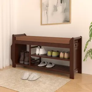 Shoe Rack Bench Entryway, Bamboo Shoe Bench with Removable Cushion, 2-Tier Shoe Storage Organizer Shelf with Side Drawer & Storage Basket for Entryway Living Room, Bedroom, Bathroom(L)