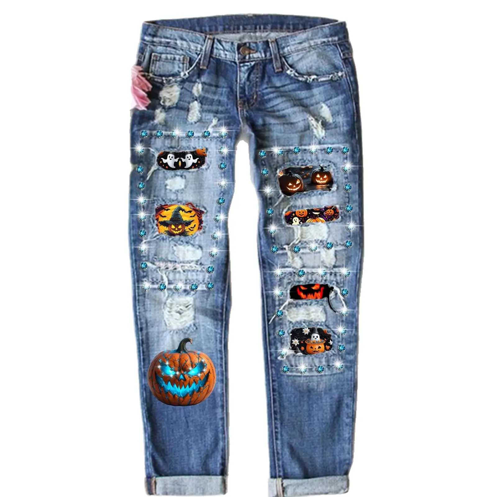 2025 Halloween New Fashion Diamond Print Ripped Mid Waist Straight Leg Women's Jeans with Unique Pumpkin & Ghost Designs for Autumn Casual Wear