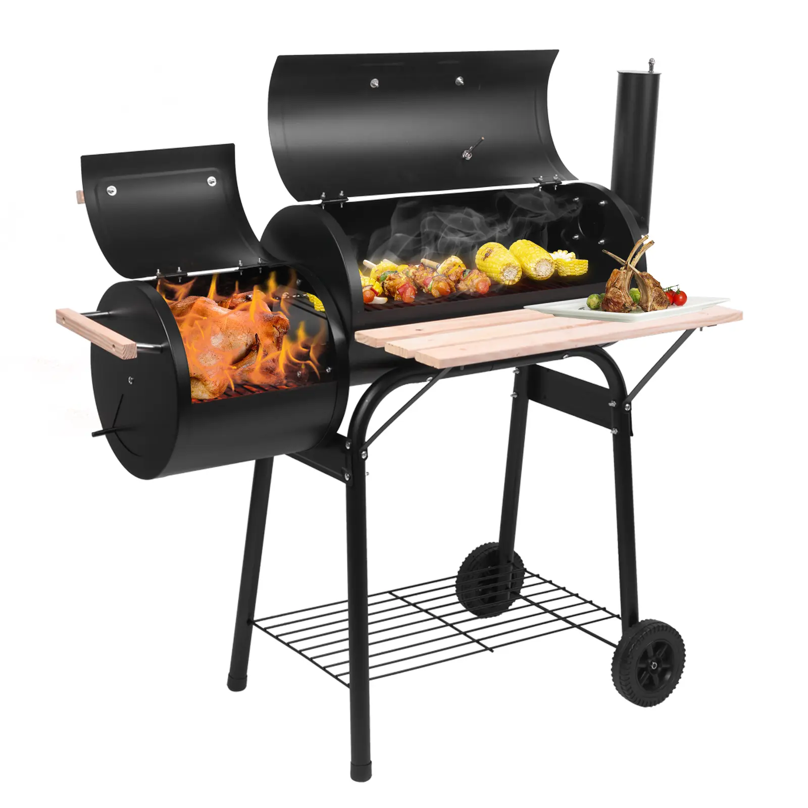 Dual Chamber Oil Drum Charcoal Barbecue Grill In High Temperature Anti-Rust Spray Coating, Rolling Offset Smoker Furnace With 15cm Wear Resistant Plastic Wheels, Temperature Gauge, Air Vent & Side Wooden Shelf For Outdoor Patio BBQ Party Use