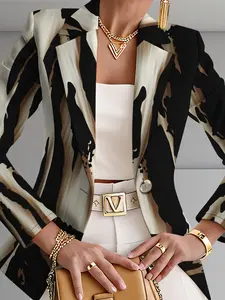 Women's Fall Outdoor Geometric Pattern Digital Print Blazer Jacket, Casual Outerwear, Fitted Regular Length, Spring & Fall Fashion
