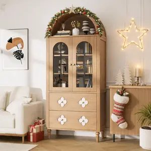 Naudacaa 71" Tall Arched Storage Cabinet with Glass Doors, 4 Shelves & 2 Drawers, Retro Wood Pantry, Luxury Bookshelf for Kitchen, Dining Room, Living Room & Bathroom