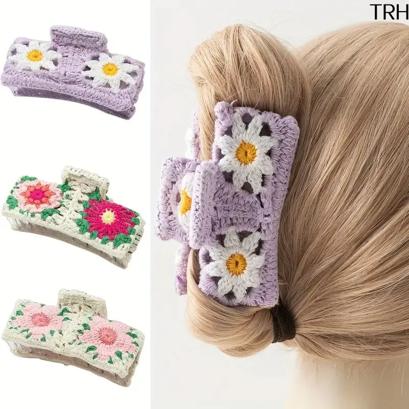 Crochet Floral Hair Claw Clips, Handmade Knitted Daisy Strawberry Barrettes, Boho Colorful Hollow Hair Catch, Large Non-slip Shark Claw Clip, Cute Hair Accessories for Women, Beach Vacation Daily Hairstyle