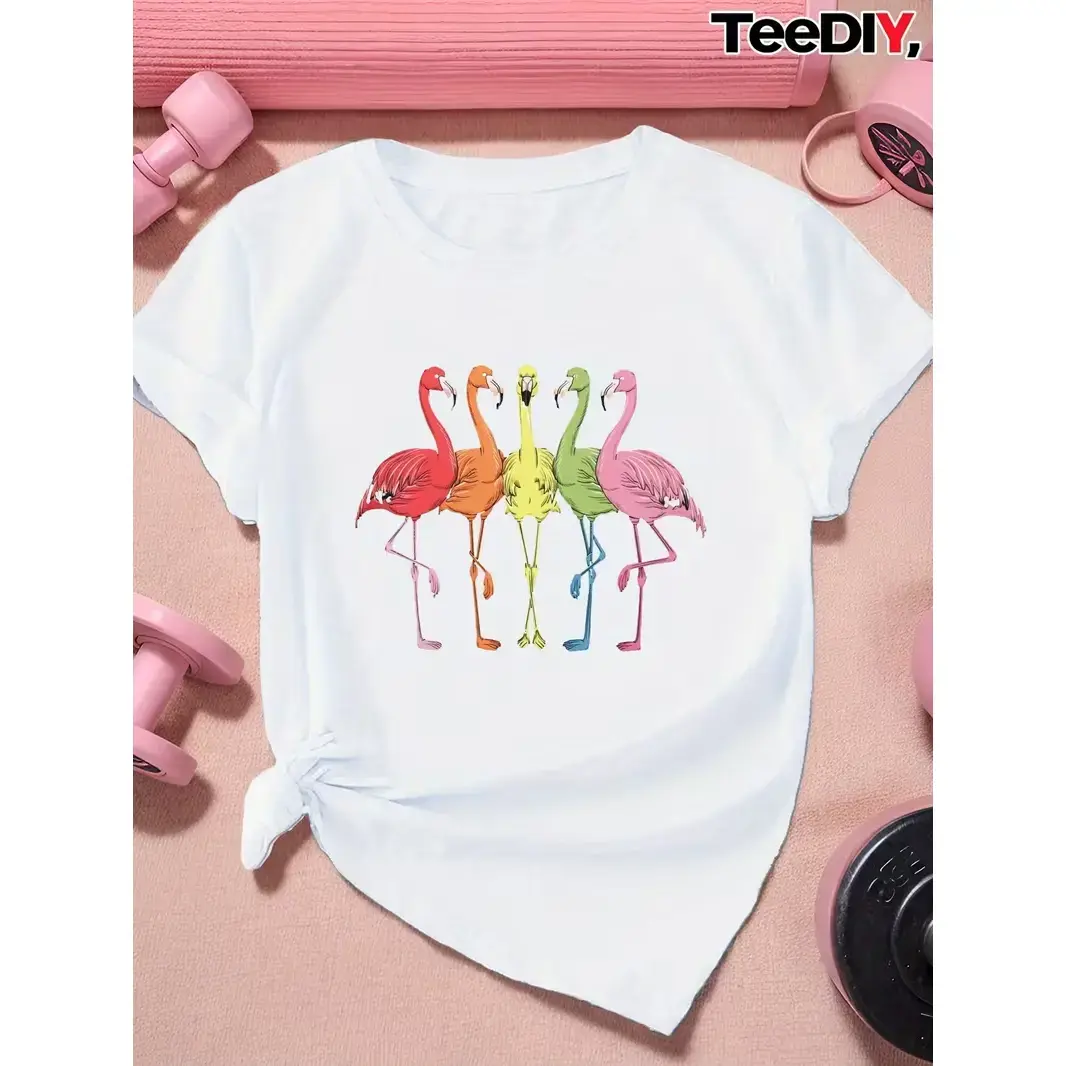 Plus Size Women'S Flamingo Print T-Shirt - Colorful Geometric Pattern, Casual Short Sleeve Crew Neck, Lightweight & Breathable Fabric for Casual Attire, Plus Size Tshirts