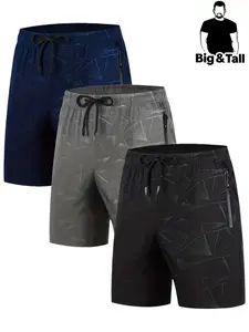 Men's Plus Size 3 Pack Quick-Dry Shorts, Geometric Print Gym Casual Gym Shorts, Loose-Fitting All Seasons Workout Bottoms