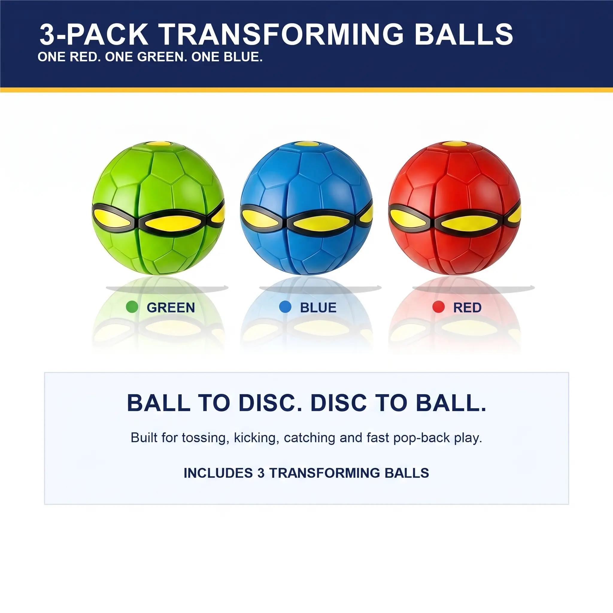 3 Pack Transforming Flying Disc Balls, Pop Back Outdoor Kids Toys for Catching & Kicking, Reaction & Coordination Game, Cool Gifts for Kids Ages 3+